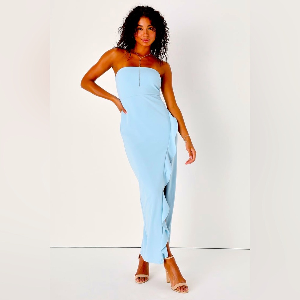 Lulu’s After Hours Light Blue Strapless Ruffled Maxi Dress